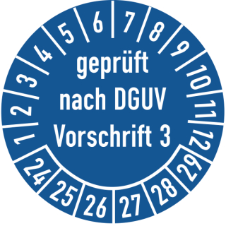 Prüfplakette geprüft nach DGUV Vorschrift 3 16 mm ca. 500 Stück/Rolle PVC-Folie Grund blau Text weiß 2024-2029