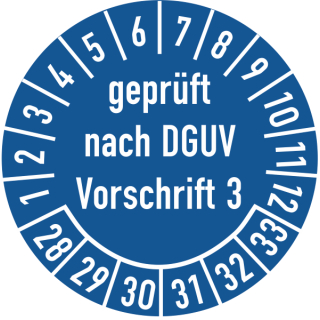 Prüfplakette geprüft nach DGUV Vorschrift 3 16 mm ca. 500 Stück/Rolle PVC-Folie Grund blau Text weiß 2028-2033