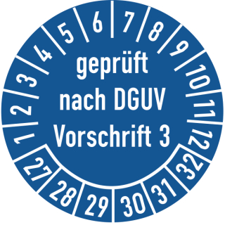 Prüfplakette geprüft nach DGUV Vorschrift 3 20 mm ca. 400 Stück/Rolle PVC-Folie Grund blau Text weiß 2027-2032
