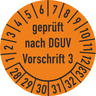 Prüfplakette geprüft nach DGUV Vorschrift 3 20 mm ca. 400 Stück/Rolle PVC-Folie Grund orange Text schwarz 2028-2033