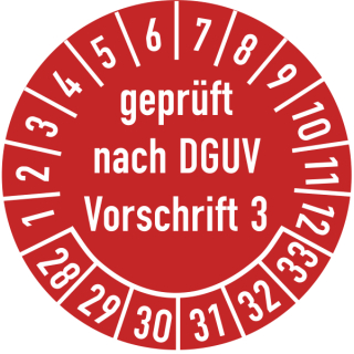 Prüfplakette geprüft nach DGUV Vorschrift 3 30 mm ca. 285 Stück/Rolle Dokumentenfolie Grund rot Text weiß 2028-2033