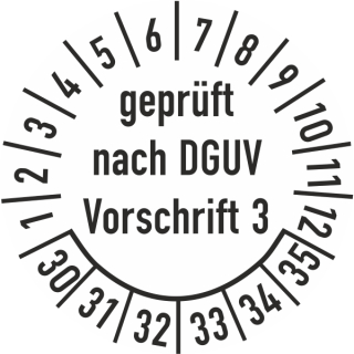 Prüfplakette geprüft nach DGUV Vorschrift 3 35 mm ca. 250 Stück/Rolle Dokumentenfolie Grund weiß Text schwarz 2030-2035