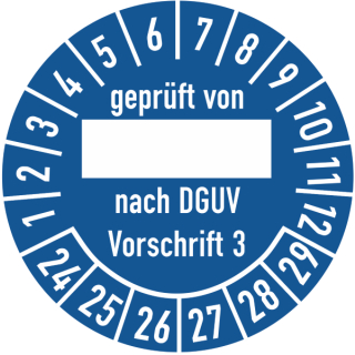 Prüfplakette geprüft nach DGUV Vorschrift 3 mit Unterstrich in verschiedenen Variationen 16 mm ca. 500 Stück/Rolle PVC-Folie Grund blau Text weiß 23-28