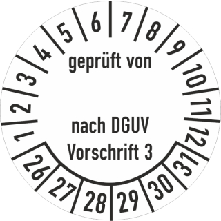 Prüfplakette geprüft nach DGUV Vorschrift 3 mit Unterstrich in verschiedenen Variationen 35 mm ca. 250 Stück/Rolle Dokumentenfolie Grund weiß Text schwarz 25-30