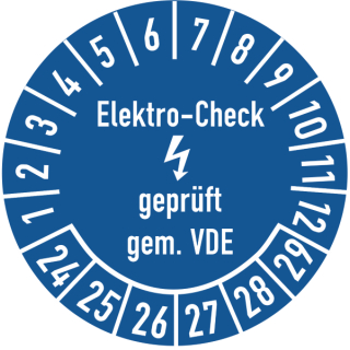 Prüfplakette Elektro-Check geprüft gem. VDE 16 mm ca. 500 Stück/Rolle PVC-Folie Grund blau Text weiß 2024-2029