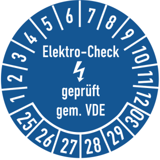 Prüfplakette Elektro-Check geprüft gem. VDE in verschiedenen Variationen 16 mm ca. 500 Stück/Rolle PVC-Folie Grund blau Text weiß 24-29
