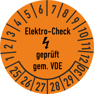 Prüfplakette Elektro-Check geprüft gem. VDE 20 mm ca. 400 Stück/Rolle PVC-Folie Grund orange Text schwarz 2025-2030