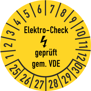 Prüfplakette Elektro-Check geprüft gem. VDE in verschiedenen Variationen 30 mm ca. 285 Stück/Rolle PVC-Folie Grund gelb Text schwarz 24-29