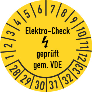 Prüfplakette Elektro-Check geprüft gem. VDE 30 mm ca. 285 Stück/Rolle PVC-Folie Grund gelb Text schwarz 2028-2033