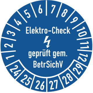 Prüfplakette Elektro-Check geprüft gem. BetrSichV in verschiedenen Variationen 16 mm ca. 500 Stück/Rolle PVC-Folie Grund blau Text weiß 23-28
