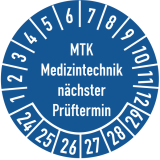 Prüfplakette MTK Medizintechnik nächster Prüftermin 16 mm ca. 500 Stück/Rolle PVC-Folie Grund blau Text weiß 2024-2029