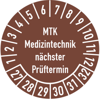 Prüfplakette MTK Medizintechnik nächster Prüftermin 16 mm ca. 500 Stück/Rolle PVC-Folie Grund braun Text weiß 2027-2032