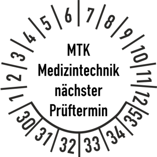 Prüfplakette MTK Medizintechnik nächster Prüftermin 35 mm ca. 250 Stück/Rolle Dokumentenfolie Grund weiß Text schwarz 2030-2035