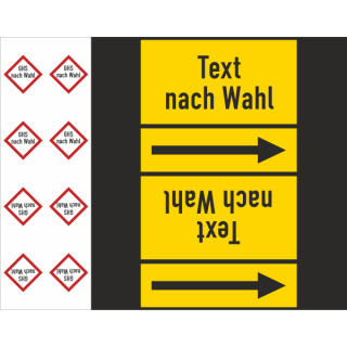 Rohrkennzeichnungsbänder für nicht brennbare Gase Text nach Wahl mit je zwei GHS Symbolen nach Wahl Ausf. A für Rohre über 50 mm Ø - 33 m Rollen ca. 160 mm Breite ätzend ätzend