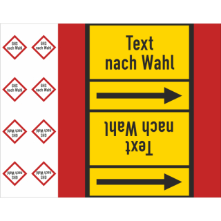 Rohrkennzeichnungsbänder für brennbare Gase Text nach Wahl mit je zwei GHS Symbolen nach Wahl Ausf. A für Rohre über 50 mm Ø - 33 m Rollen ca. 160 mm Breite ätzend ätzend
