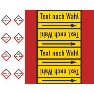 Rohrkennzeichnungsbänder für brennbare Gase Text nach Wahl mit je zwei GHS Symbolen nach Wahl Ausf. B für Rohre unter 50 mm Ø - 33 m Rollen ca. 160 mm Breite Flamme selbstentzündlich Gasflasche