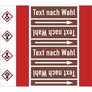 Rohrkennzeichnungsbänder für brennbare Flüssigkeiten Text nach Wahl mit je einem GHS Symbol nach Wahl Ausf. B für Rohre unter 50 mm Ø - 33 m Rollen ca. 140 mm Breite gesundheitsschädlich