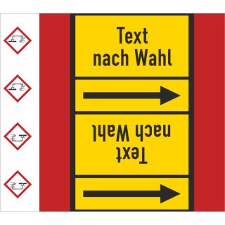 Rohrkennzeichnungsbänder für brennbare Gase Text nach Wahl mit je einem GHS Symbol nach Wahl Ausf. A für Rohre über 50 mm Ø - 33 m Rollen ca. 140 mm Breite ätzend