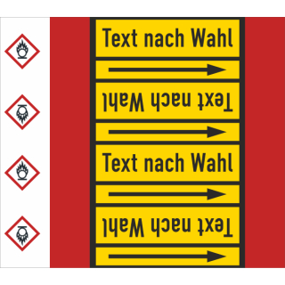 Rohrkennzeichnungsbänder für brennbare Gase Text nach Wahl mit je einem GHS Symbol nach Wahl Ausf. B für Rohre unter 50 mm Ø - 33 m Rollen ca. 140 mm Breite Flamme brandfördernd