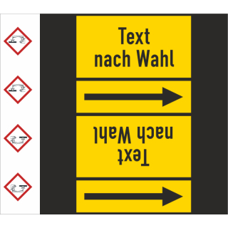 Rohrkennzeichnungsbänder für nicht brennbare Gase Text nach Wahl mit je einem GHS Symbol nach Wahl Ausf. A für Rohre über 50 mm Ø - 33 m Rollen ca. 140 mm Breite ätzend