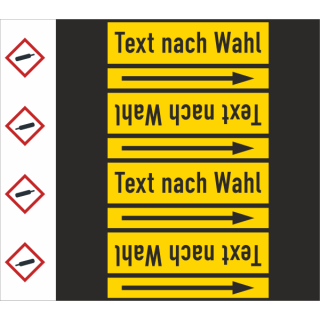 Rohrkennzeichnungsbänder für nicht brennbare Gase Text nach Wahl mit je einem GHS Symbol nach Wahl Ausf. B für Rohre unter 50 mm Ø - 33 m Rollen ca. 140 mm Breite Gasflasche