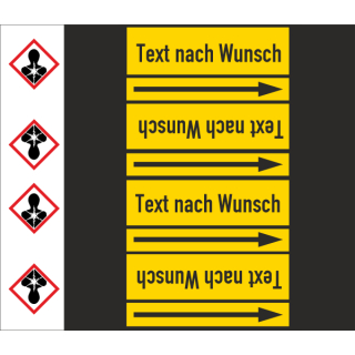 Rohrkennzeichnungsbänder für nicht brennbare Gase Text nach Wahl mit je einem GHS Symbol nach Wahl Ausf. B für Rohre unter 50 mm Ø - 33 m Rollen ca. 140 mm Breite gesundheitsschädlich