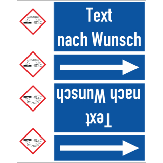 Rohrkennzeichnungsbänder nach DIN 2403 mit einem GHS-Symbol Text nach Wahl in verschiedenen Variationen Ausf. A für Rohre über 50 mm Ø - 33 m Rollen ca. 120 mmBreite blau ätzend