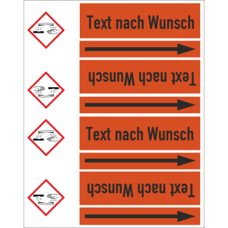 Rohrkennzeichnungsbänder nach DIN 2403 mit einem GHS-Symbol Text nach Wahl in verschiedenen Variationen Ausf. B für Rohre unter 50 mm Ø - 33 m Rollen ca. 120 mmBreite orange ätzend