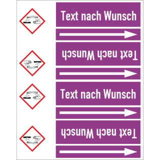 Rohrkennzeichnungsbänder nach DIN 2403 mit einem GHS-Symbol Text nach Wahl in verschiedenen Variationen Ausf. B für Rohre unter 50 mm Ø - 33 m Rollen ca. 120 mmBreite violett ätzend