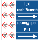 Rohrkennzeichnungsbänder nach DIN 2403 mit zwei GHS-Symbolen Text nach Wahl in verschiedenen Variationen Ausf. A für Rohre über 50 mm Ø - 33 m Rollen ca. 140 mm Breite blau ätzend ätzend
