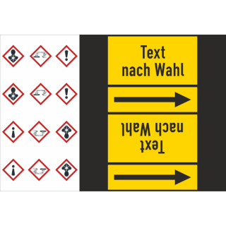 Rohrkennzeichnungsb&auml;nder f&uuml;r nicht brennbare Gase Text nach Wahl mit je drei GHS Symbolen nach Wahl