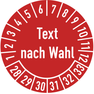 Prüfplakette Text nach Wahl 35 mm ca. 250 Stück/Rolle PVC-Folie Grund rot Text weiß 2028-2033