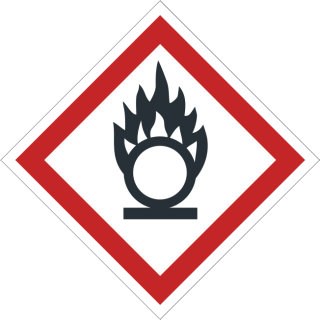 GHS Gefahrstoffetiketten Flamme brandfördernd selbstklebend bestehend aus weißer selbstklebende Folie zu 500 Stk/Rolle erhältlich  100 x 100 mm