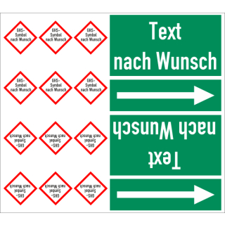 Rohrkennzeichnungsbänder nach DIN 2403 mit drei GHS-Symbolen Text nach Wahl in verschiedenen Variationen