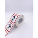 GHS Gefahrstoffetiketten umweltgefährdend selbstklebend bestehend aus einer weißen selbstklebende Folie zu 500 Stk/Rolle erhältlich  mit weißen Hintergrund 25 x 25 mm