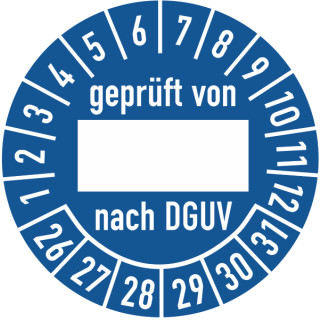 Prüfplakette geprüft von nach DGUV mit Unterstrich in verschiedenen Variationen 16 mm ca. 500 Stück/Rolle PVC-Folie Grund blau Text weiß 25-30