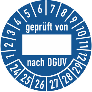 Prüfplakette geprüft von nach DGUV mit Unterstrich in verschiedenen Variationen 25 mm ca. 333 Stück/Rolle PVC-Folie Grund blau Text weiß 23-28