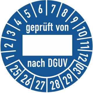 Prüfplakette geprüft von nach DGUV mit Unterstrich in verschiedenen Variationen 25 mm ca. 333 Stück/Rolle PVC-Folie Grund blau Text weiß 24-29