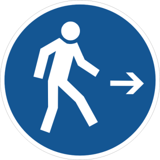 Blaue Gebotschsschilder Fußgängerweg rechts benutzen in ausgestanzt rundem Format
