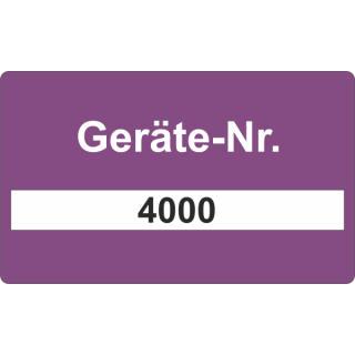 Fortlaufende nummerierte Etiketten Geräte-Nr. auf Rolle erhältlich 90 x 55 mm violett Selbstklebendes Papier mit der Nummerierung 0001 - 4000 (4.000 Stk/Rolle) absteigend