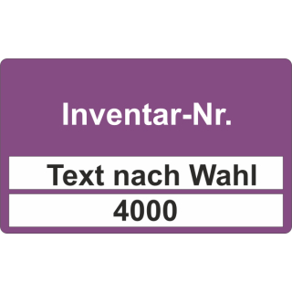Fortlaufende nummerierte Etiketten zweizeilig Inventar-Nr. auf Rolle erhältlich 90 x 55 mm violett Selbstklebendes Papier mit der Nummerierung 0001 - 4000 (4.000 Stk/Rolle) absteigend