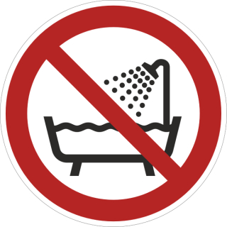 Verbotsschild bestehend aus einer selbstklebenden Folie mit transparenter Schutzabdeckung Verbot dieses Ger&auml;t in der Badewanne oder Dusche zu benutzen in verschiedenen Variationen