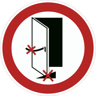 Verbotsschild Brandschutztür geschlossen halten, Verkeilen und Feststellen verboten