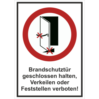 Verbotskombischild Brandschutztüren geschlossen halten - selbstklebende Folie mit transparentem Schutzlaminat - 110 x 152 mm