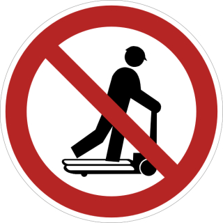 Selbstklebendes Verbotsschild aus einer hochwertigen Folie  mit transparenter Schutzabdeckung Rollerfahrten auf Handhubwagen verboten