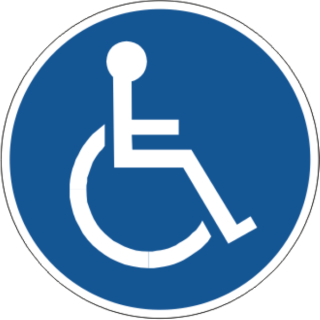 Blaue Gebotschsschilder Intern. Zeichen für Rollstuhlfahrer in ausgestanzt rundem Format
