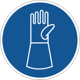 Blaue Gebotschsschilder Schutzhandschuhe mit Pulsschutz benutzen in ausgestanzt rundem Format