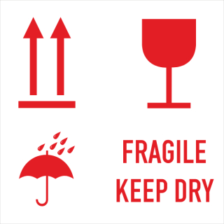 Etiketten permanent haftend in 100 x 100 mm Format Fragile keep dry - Vorsicht Glas - Oben - vor Regen schützen Druck rot Grund weiß zu 1.000 Stück/Rolle lieferbar