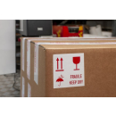 Etiketten permanent haftend in 100 x 100 mm Format Fragile keep dry - Vorsicht Glas - Oben - vor Regen schützen Druck rot Grund weiß zu 1.000 Stück/Rolle lieferbar