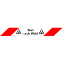 Rot-weißes Gewebeabsperrband schraffiert mit Gefahrsymbolen links und rechts Text nach Wahl in 40 mm Breite und 50 Meter Rollenlänge